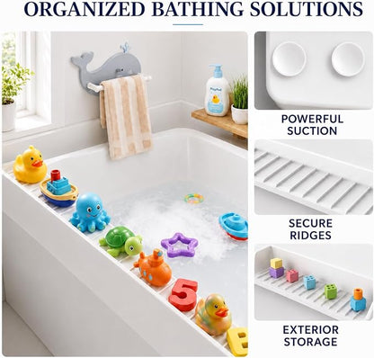 Bathtub Splash Guard for Tub Kids, Silicone Bath Toy Holder & Tub Side Tray with Suction Cups, Bath Tub Shelf for Kids, Bathtub Toy Storage, Blue