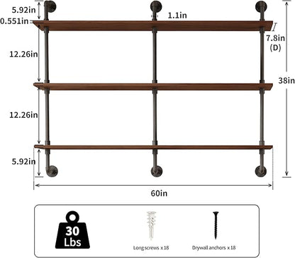 3-Tier Industrial Pipe Floating Shelf – Rustic 60 inch Wood Wall-Mounted Storage Shelf for Kitchen Office,Bathroom & Home Decor -Walnut