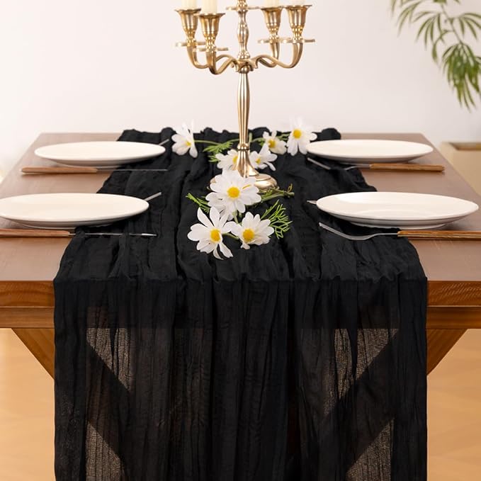Socomi 3pcs Black New Year Valentine's Day Cheesecloth Table Runner Boho Rustic Gauze 120 inch 10FT Cheese Cloth Runner for Wedding Party Baby Shower Birthday Home Decor Holiday Decorations