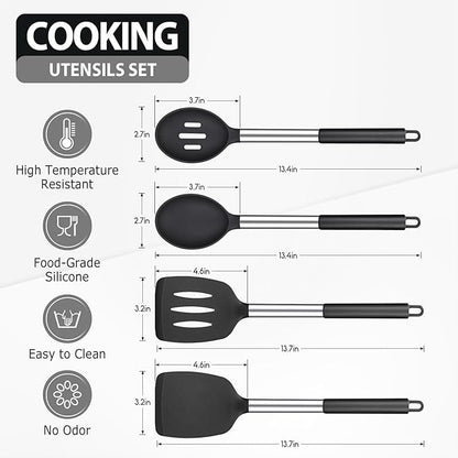 Pack of 4 Large Silicone Cooking Spatulas and Spoons, Slotted and Solid Stainless Steel Cooking Utensils Set, Non-stick Heat Resistant Kitchen for Baking, Fried, Stir-Fry, Mixing, Serving (Black)