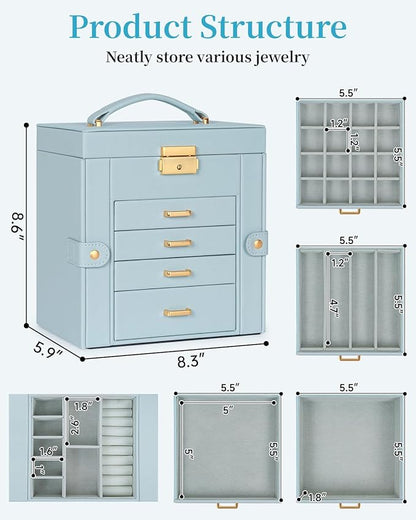 TORIBIO Jewelry Box for Women, Leather Jewelry Organizer with Mirror & Lock, 5-Tier Jewelry Storage Organizer with 4 Drawers for Girls/Women/Mothers, Necklace Earring Bracelets Holder Organizer