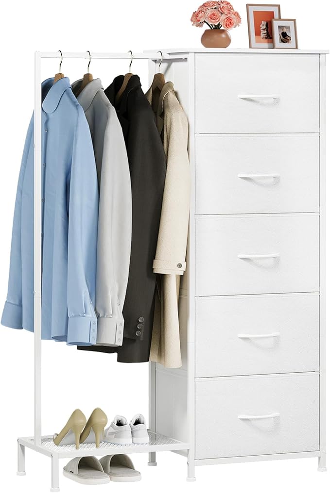 Somdot Dresser with Hanging Rack,5 Drawers Small Closet for Bedroom,Reversible Dresser with Clothes Rack,Kids Dressers for Bedroom Chest of Drawers,Tall Storage Tower,White Leather