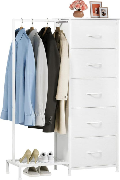 Somdot Dresser with Hanging Rack,5 Drawers Small Closet for Bedroom,Reversible Dresser with Clothes Rack,Kids Dressers for Bedroom Chest of Drawers,Tall Storage Tower,White Leather
