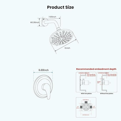 gotonovo Shower Faucet Set Bathroom Shower Head and Handle Set Complete 6 Settings 6 inch Rainfall Shower Head Kit High Pressure Shower System Combo Shower Trim Kit with Valve Matte Black