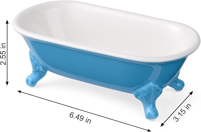 6.5" Ceramic Mini Decorative Clawfoot Bathtub Bar Soap Dish, Kitchen Sponge Holder and Shower Tray for Bathroom, 1 Pack(Pacific Blue)