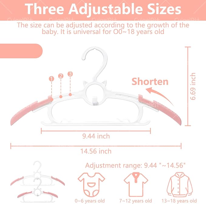 Baby Hangers for Nursery Closet,Infant Hanger 20 Pink Non-Slip and Extendable Plastic Children's Newborn Baby Hanger 11"-14" Adjustable Children Coat Hanger for Girl Boy Toddler Kids Child