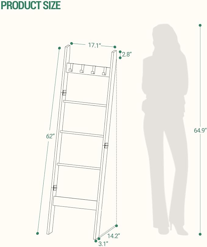 Hzuaneri Blanket Ladder for Living Room, Decorative Quilt Rack with 4 Removable Hooks, 5-Tier Farmhouse Ladder Holder Shelf Organizer for Bedroom, Black BR02104B