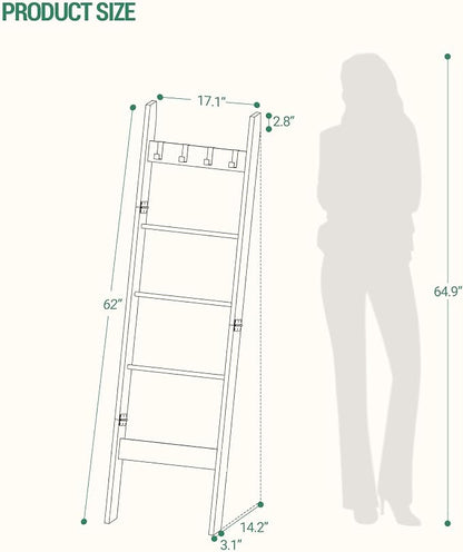 Hzuaneri Blanket Ladder for Living Room, Decorative Quilt Rack with 4 Removable Hooks, 5-Tier Farmhouse Ladder Holder Shelf Organizer for Bedroom, Black BR02104B