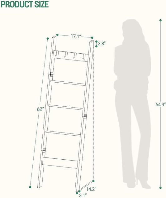 Hzuaneri Blanket Ladder for Living Room, Decorative Quilt Rack with 4 Removable Hooks, 5-Tier Farmhouse Ladder Holder Shelf Organizer for Bedroom, Black BR02104B