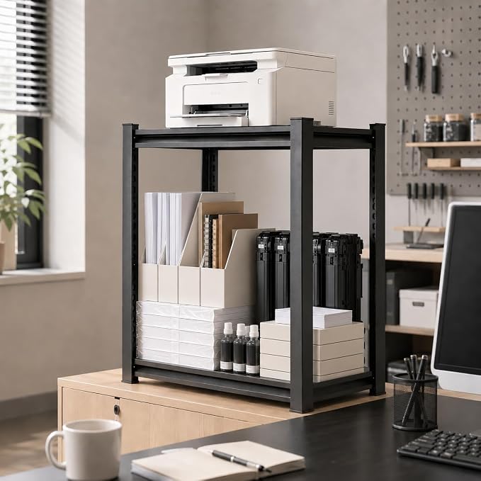 Printer Stand with Storage, 2-Tier Industrial Heavy Duty All-Metal Office Organizer Shelf, Space-Saving Storage Rack for Printer, Scanner, Copier, Paper and Office Supplies, Black,22"H×13.8"W×11.8"D