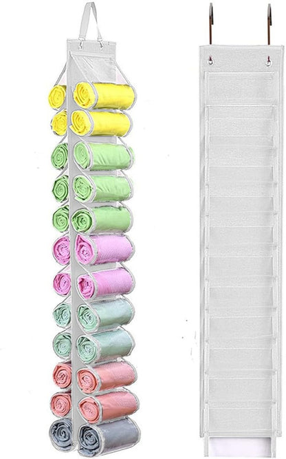 Legging Storage Bag Hanger - Can Hold 24 Leggings, Shirts or Jeans - Foldable Clothes Organizer, Portable Closet Roll Holder (White)