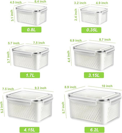 6 Pack Fruit Storage Containers for Fridge, Produce Saver Vegetable Container with Drain Colanders - Refrigerator Organizer for Lettuce Keepers Berry Container