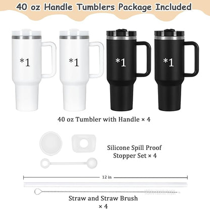 4 Pack 40 Oz Tumblers with Handle Bulk, Double Wall Vacuum Insulated Stainless Steel Tumblers with Lid and Straw, 40 oz Cups with Silicone Spill Proof Stopper Set (Black-2,White-2)