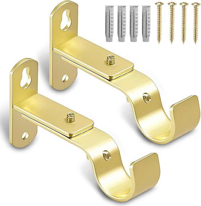 Adjustable Curtain Rod Brackets, Metal Window Drapery Rod Hanger Holders Hooks for 1 inch Rods (Warm Gold, Set of 2)