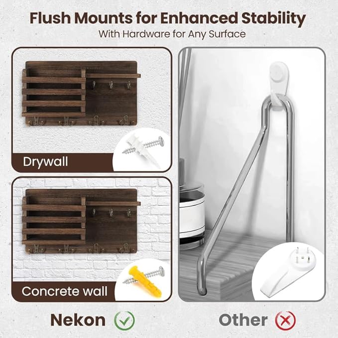 Nekon Mail Holder for Wall Mail Organizer with Key Hooks Hallway Farmhouse Decor Storage Racks with Floating Shelf and Flush Mount Hardware (16.8Inch x 10Inch x 3.2Inch)