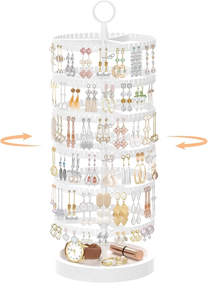 iDavosic.ly 6 Tier Rotating Earring Holder Organizer with Wooden Tray, Large Dangle Display Stands Tree with 342 Plastic Grooves, Adjustable Hoop Storage Rack, Space Saving Tower, White