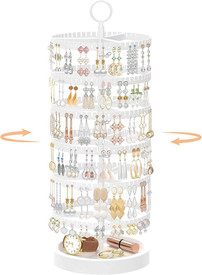 iDavosic.ly 6 Tier Rotating Earring Holder Organizer with Wooden Tray, Large Dangle Display Stands Tree with 342 Plastic Grooves, Adjustable Hoop Storage Rack, Space Saving Tower, White