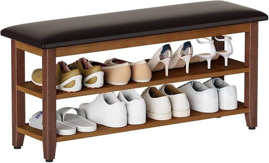 Shoe Bench with Leather Cushion,Wood Bench with Shoe Rack,2-Tier Shoe Storage Organizer for Entryway,Hallway,Living Room (Brown, 2-Tier-39.4")