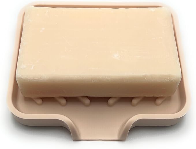 Happitasa Silicone Soap Dish Tray and Sponge Holder with Drain Chute and Feet | 3-Way Sloped Design | Bathroom and Kitchen Sink Organizer Caddy (Sand Dollar, 5"x4")