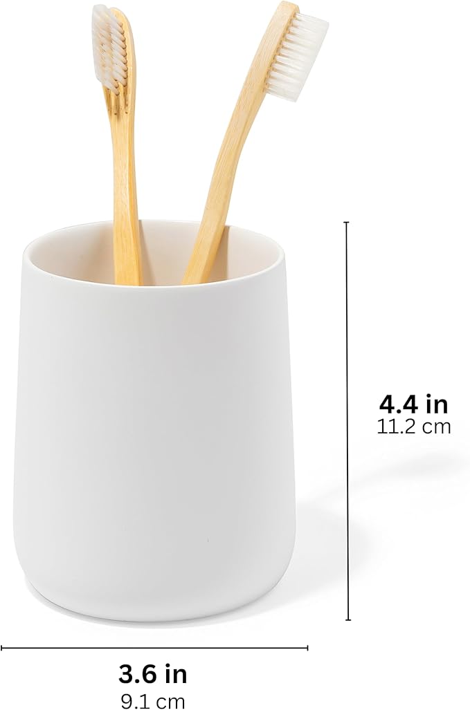 Yew Design Matte White Toothbrush and Toothpaste Holder and Cup for Bathroom Vanity and Countertop, Round Organizer for Electric Toothbrushes, Floss, Razors, Cotton, and Mouthwash