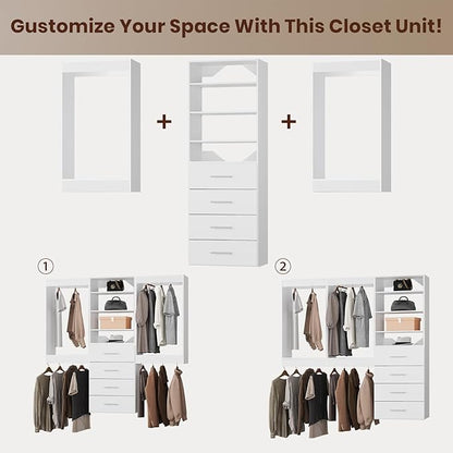 ROOMTEC Modular Closet System, 102" Wall-Mounted Closet Organizer with Drawers and Hanging Rods, Wooden Tower for Walk-In Closets, Wardrobe Storage Kit, White