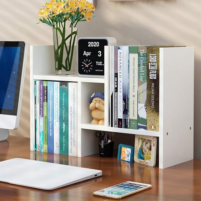Meikuler Desktop Shelf Organizer, Adjustable Wood Display Desk Shelf, Office Storage Rack Tabletop Bookshelf Multipurpose Shelves for Home Decor, Office, Gifts
