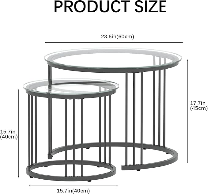 Garden 4 you Nesting Coffee Table, 23.6" Round Coffee Table Set of 2, Glass Nesting Table with Metal Frame, Ceter Tables for Living Room Bedroom Balcony, Black