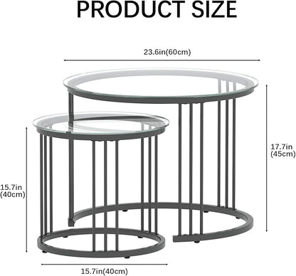 Garden 4 you Nesting Coffee Table, 23.6" Round Coffee Table Set of 2, Glass Nesting Table with Metal Frame, Ceter Tables for Living Room Bedroom Balcony, Black