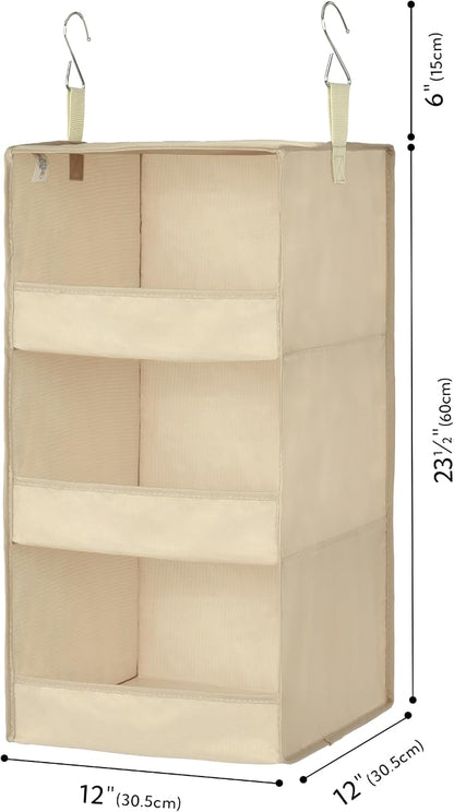 GRANNY SAYS 3 Shelf Hanging Closet Organizers and Storage, Collapsible Closet Storage Organizer with 2 Metal Hooks, Leak-Proof Hanging Shelves for Wardrobe, RV Camper, Locker, 2 Pack, Khaki