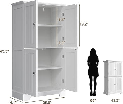 ChooChoo Bathroom Floor Cabinet, Modern Bathroom Storage Cabinet with 4 Doors and Adjustable Shelves, Freestanding Cupboard for Living Room, Kitchen Pantry, White