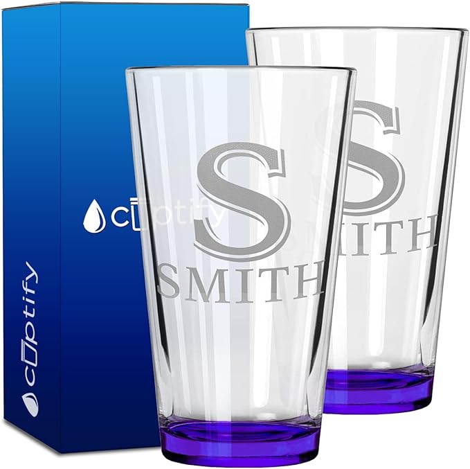 Personalized Beer Glasses Set of 2 Engraved Purple 16oz Pint Glasses for Men & Women, Custom Drinking Gift for Birthdays, Weddings, Father’s Day & More