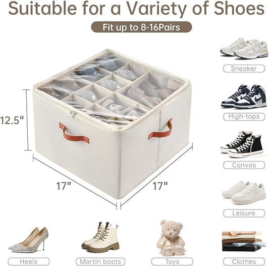 INSTY Shoe Organizer for Closet, 2 Pack Foldable Shoe Storage Containers, Fits up to 16-32 Pairs, Adjustable Dividers for Shoe Organizer, Fabric Shoe Storage Bins with Clear Cover, Beige