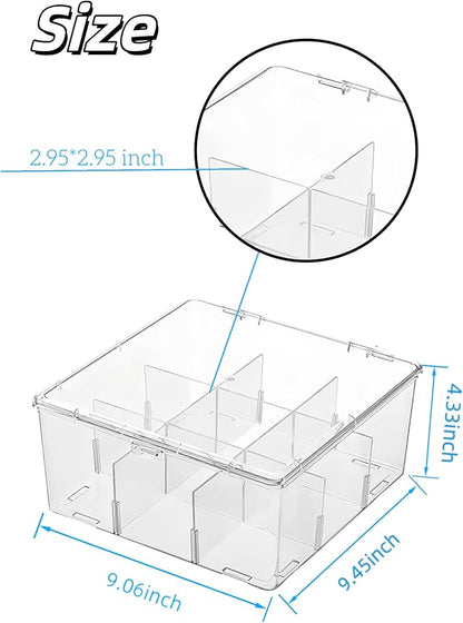 Acrylic Tea Bag Organizer with Lid, 9-Grid Clear Storage Box with Removable Dividers, Plastic Drawer Organizer for Tea Bags, Office Supplies, Closet, Socks, Dresser Drawers