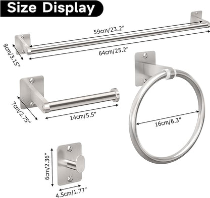 Brushed Nickel Bathroom Accessories Set, KLJKPA 4 Pieces Bathroom Hardware Set, 24 inch Towel Bar, Towel Racks for Bathroom, Robe Towel Hooks, Toilet Paper Holder Wall Mounted