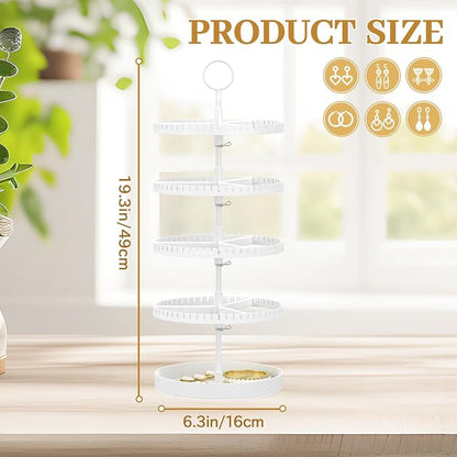 MODOWEY 4 Tier Rotating Earring Holder Organizer Display Tree with Metal Tray, Adjustable Plastic Stand with 228 Slots for Stud Hoop Hanger, Large Capacity Storage Rack for Women Space Saving, White