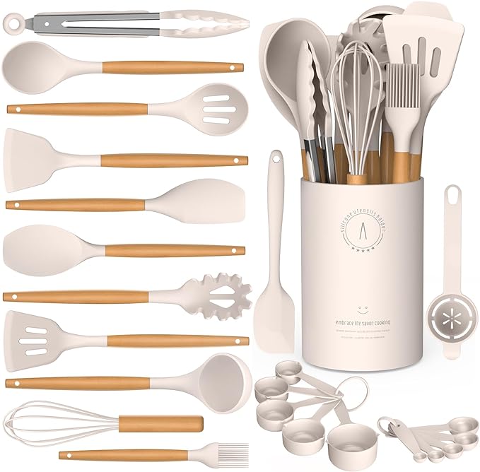 Silicone Cooking Utensils Set - AVGPD Silicone Kitchen Utensils for Cooking Wooden Handles, 446°F Heat Resistant Kitchen Utensil Spatula Sets w Holder, Gadgets for Non-Stick Cookware BPA FREE (Khaki)