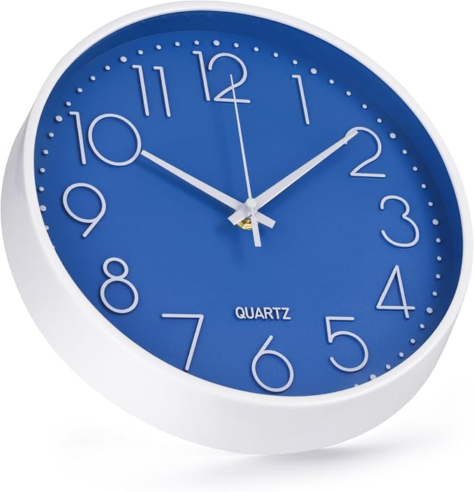 Wall Clock Non-Ticking Silent Modern Simple Style Round Decor Clock Stereoscopic Dial Quartz Wall Clocks for Home/Office/School/Living Room/Bedroom/Kitchen (Dark Blue, 12inch)
