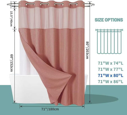 Coral No Hook Waffle Weave Shower Curtain with snap-in Liner Replacement, 230GSM Waterproof Fabric Hotel Shower Curtain Set for Bathroom, Through Mesh Top Window,71Wx80H