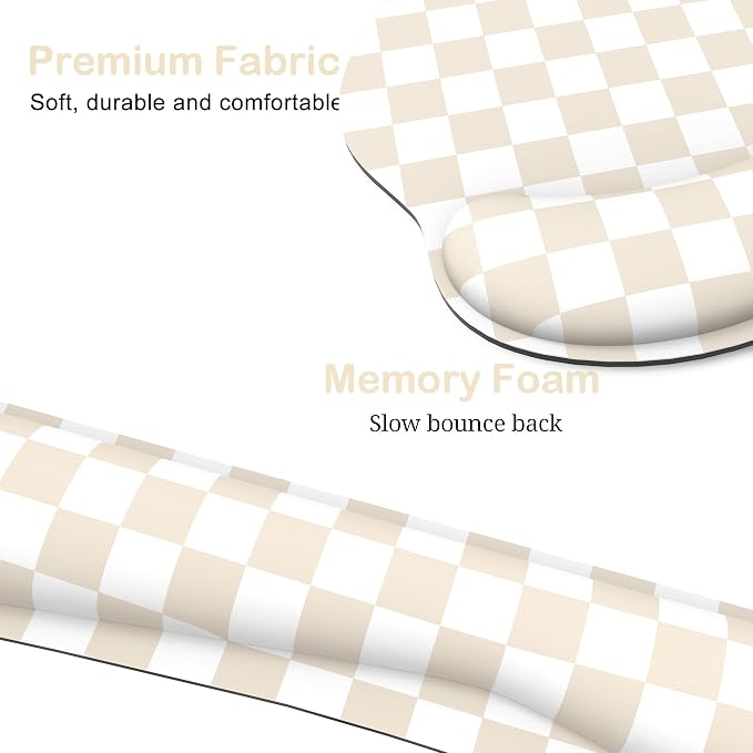 Ergonomic Mouse Pad with Wrist Rest and Keyboard Wrist Rest, Mousepad and Keyboard Pad, Non-Slip Rubber Base, Pain Relief, Mouse Pad with Wrist Support for Gaming, Computer, Office, Beige Checkered