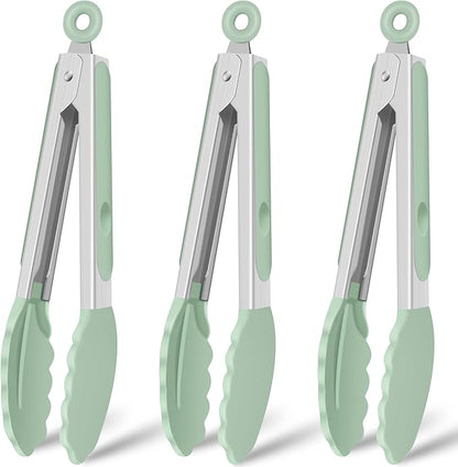 Hotec Silicone Kitchen Tongs for Cooking 9-Inch Serving Tongs with Silicone Tips, Set of 3 (Light Green)