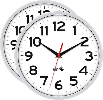 HIPPIH Wall Clock 2 Pack, 10 Inch Modern Wall Clocks Battery Operated, Non Ticking Silent Clock, Simple Small Analog Clocks for Living Room, Bedroom, School, Office Decor, Silver