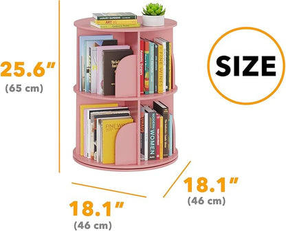SpaceAid 2 Tier Rotating Bookshelf Tower, Spinning Bookcase Lazy Susan, Revolving 360 Book Shelf Storage Round Carousel, Vertical Rotate Turning Spiral Corner Organizer, Pink