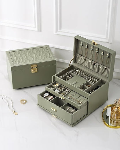 3-Tier Jewelry Box, Jewelry Organizer Box with 2 Drawers, Large Storage Capacity for Necklace Bracelets Earrings Rings, Lockable, Christmas Gift for Women, Green