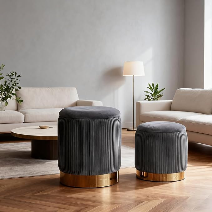YYW HOME Gray Round Ottoman with Storage Set of 2 | Large storage capacity, Removable Lid, Used for Vanity Stoo,l Assemble Free, Nesting Packing
