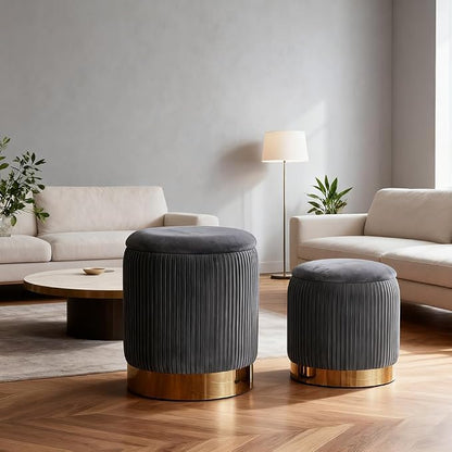 YYW HOME Gray Round Ottoman with Storage Set of 2 | Large storage capacity, Removable Lid, Used for Vanity Stoo,l Assemble Free, Nesting Packing