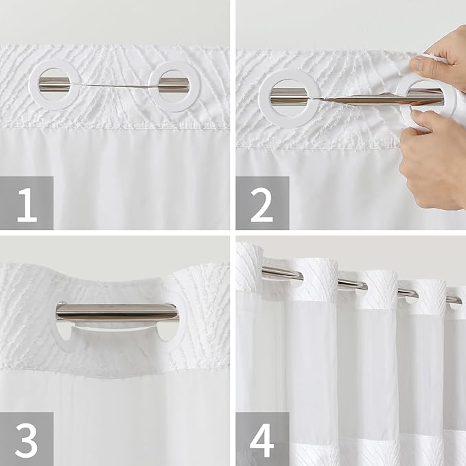 stall no Hook Tufted Shower Curtain with snap in Liner Set, White Waterproof Fabric Inner Liner,Boho Style Shower Curtain with See Through top Window, White, 36Wx74H