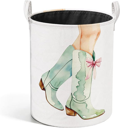 Pink Bow Cowgirl Western Laundry Basket, Sage Green Boots Southwestern Laundry Hamper Waterproof Collapsible Clothes Toys Storage Bin Organizer for Girls Bedroom Bathroom Home