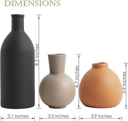 Ceramic Vase Set of 3 - Handcrafted Ceramic Vases for Home Decor & Shelf - Modern Farmhouse Decor for Kitchen, Office, Bedroom & Living Room Decorative Objects for Mantel, Table Centerpieces
