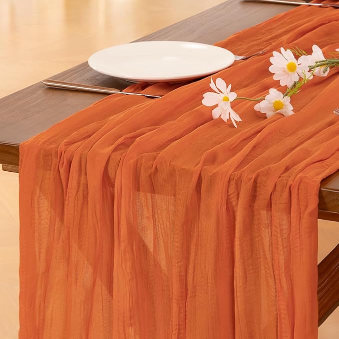 Socomi 6pcs Orange Cheesecloth Table Runner Valentine's Day Boho Rustic Gauze 120 inch 10FT Cheese Cloth Runner for Wedding Party Baby Shower Birthday Home Decor Holiday Decorations