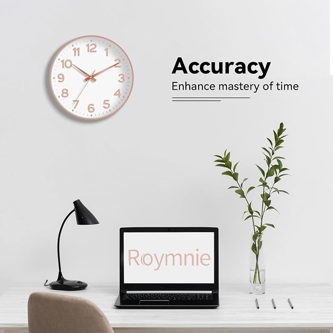 Roymnie Wall Clock 12 Inch Silent Wall Clocks Battery Operated- Modern Non Ticking Analog Clock Decorative for Living Room Bedroom Office Kitchen(White Rose Gold)